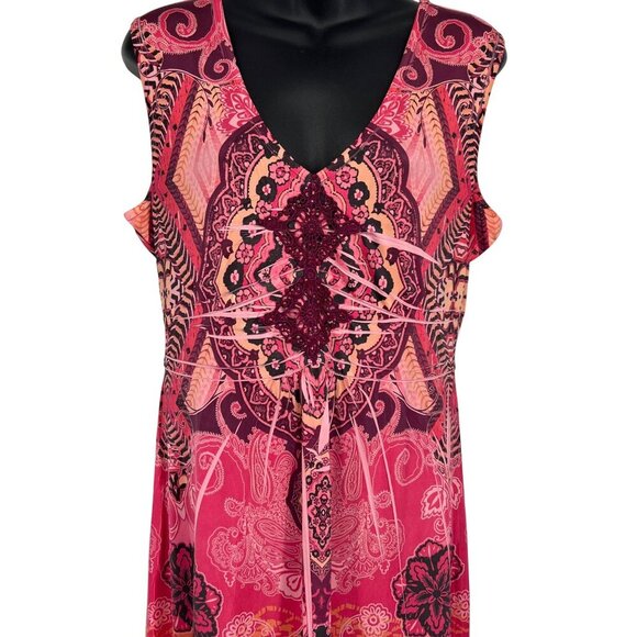 Style Co Dress Women Size Large L Maxi Pink V-Neck Maldives Ehnic Sunsets New - Picture 2 of 9